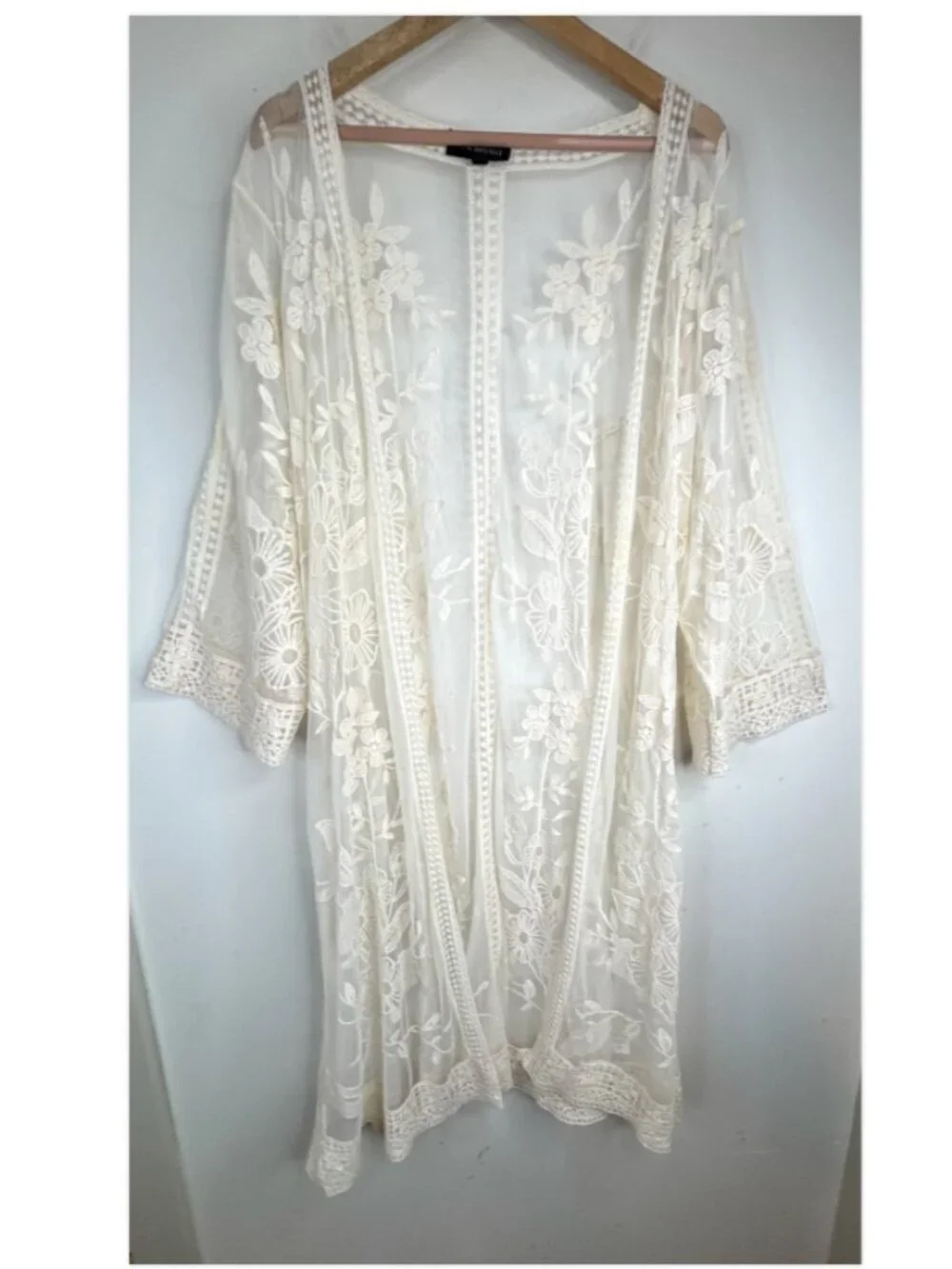 Lane Bryant 26/28 Cream Floral Lace Kimono Duster Boho Beach Cover Up Festival